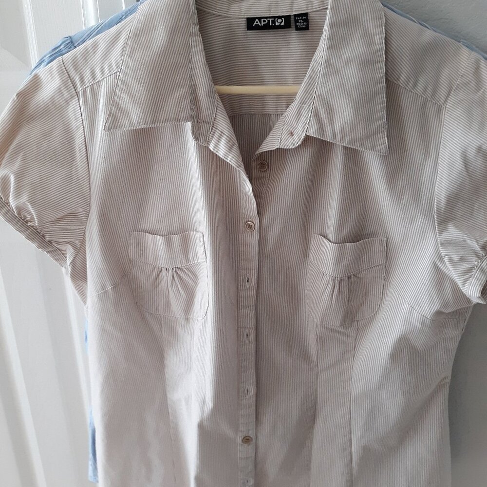 2 CUTE COLLARED BLOUSES FOR BUSINESS OR CASUAL, BLUE STRIPE AND BROWN STRIPE TOP
